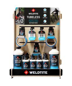 Presentoir Plv Weldtite Bois Tubeless Complet (4X 1L Preventif Tubeless - 8X 240 ml Preventif Tubeless - 12 Kits de 2 Valves Tubeless - 7 Fond Jante Tubeless VTT - 4 Fond Jante Tubeless Route)