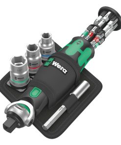 Cliquet Wera 8009 Zyklop Tete Orientable Combinee Douille 3-8 et Tournevis 1-4 (Avec Reserve D'Embout Integree) Noir-Vert (Set 18 Pieces) -Marque Allemande Pour Les Ateliers-