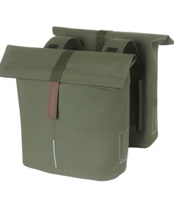 Sacoche Arriere Velo Double Basil Vegan Vert Imitation Cuir 28-32L Fixation Universelle Porte Bagage Fermeture Pliant Anti-Pluie Avec Reflechissant