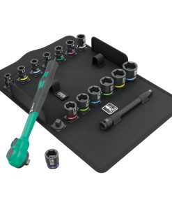 Cliquet Wera 8100 Sb Zyklop Comfort 3-8 Metrique Avec Douilles et Rallonge Noir-Vert (Set 16 Pieces) -Marque Allemande Pour Les Ateliers-