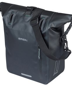 Sacoche Arriere Velo Laterale Basil Rivo Waterproof 12-15L Noir Fixation Mik Hooks Sur Porte Bagage (38X14X25Cm) Avec Poignee et Bandouillere Fermeture Enroulement