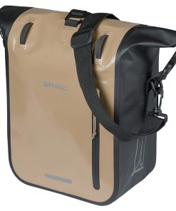 Sacoche Arriere Velo Laterale Basil Rivo Waterproof 12-15L Sable - Noir Fixation Mik Hooks Sur Porte Bagage (38X14X25Cm) Avec Poignee et Bandouillere Fermeture Enroulement