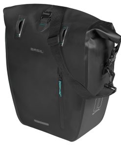 Sacoche Arriere Velo Laterale Basil Rivo Waterproof 25-31L Noir Fixation Mik Hooks Sur Porte Bagage (43X14X28Cm) Avec Poignee et Bandouillere Fermeture Enroulement