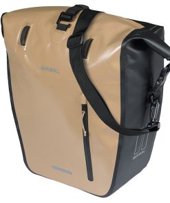 Sacoche Arriere Velo Laterale Basil Rivo Waterproof 25-31L Sable - Noir Fixation Mik Hooks Sur Porte Bagage (43X14X28Cm) Avec Poignee et Bandouillere Fermeture Enroulement