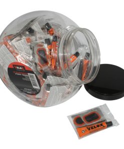 Kit Reparation Chambre a Air Velox City-VTC-VTT (6 Patch 25mm + 1 Patch 34X24mm + 1 Patch 50X30mm + Colle 5G + Rape Acier ) Avec Notice (Jarre de 50 Kits)