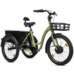Tricycle Electrique-VAE City Leader Fox 24" Lovelo 2025 Mixte Kaki Brillant 3V Shimano Nexus Moteur Roue Av Bafang 36V 45Nm Batterie 16