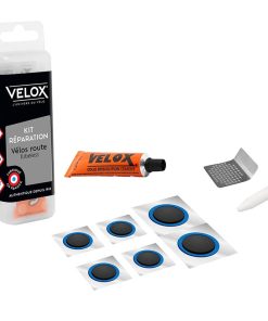 Kit Reparation Pneu Tubeless Route Velox par l'Interieur avec Rustines - Boite (Colle 5ml + 4 Patchs 25mm + 2 Patchs 24-34mm + 1 Rape Metal)