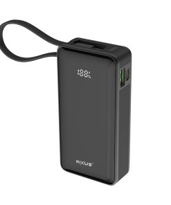 Batterie Externe Power Bank Rixus 10000 Mah 5V Noir avec Indicateur de Batterie, Sangle de Transport Compatible Usb-C - Usb-a - RXBP01B-