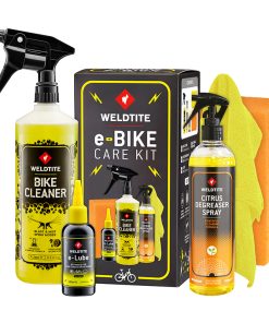 Pack-kit e-bike care ultimate weldtite entretien (contient spray nettoyant bike cleaner - spray degraissant citrus - lubrifiant e-lube - chiffon de nettoyage-eponge)